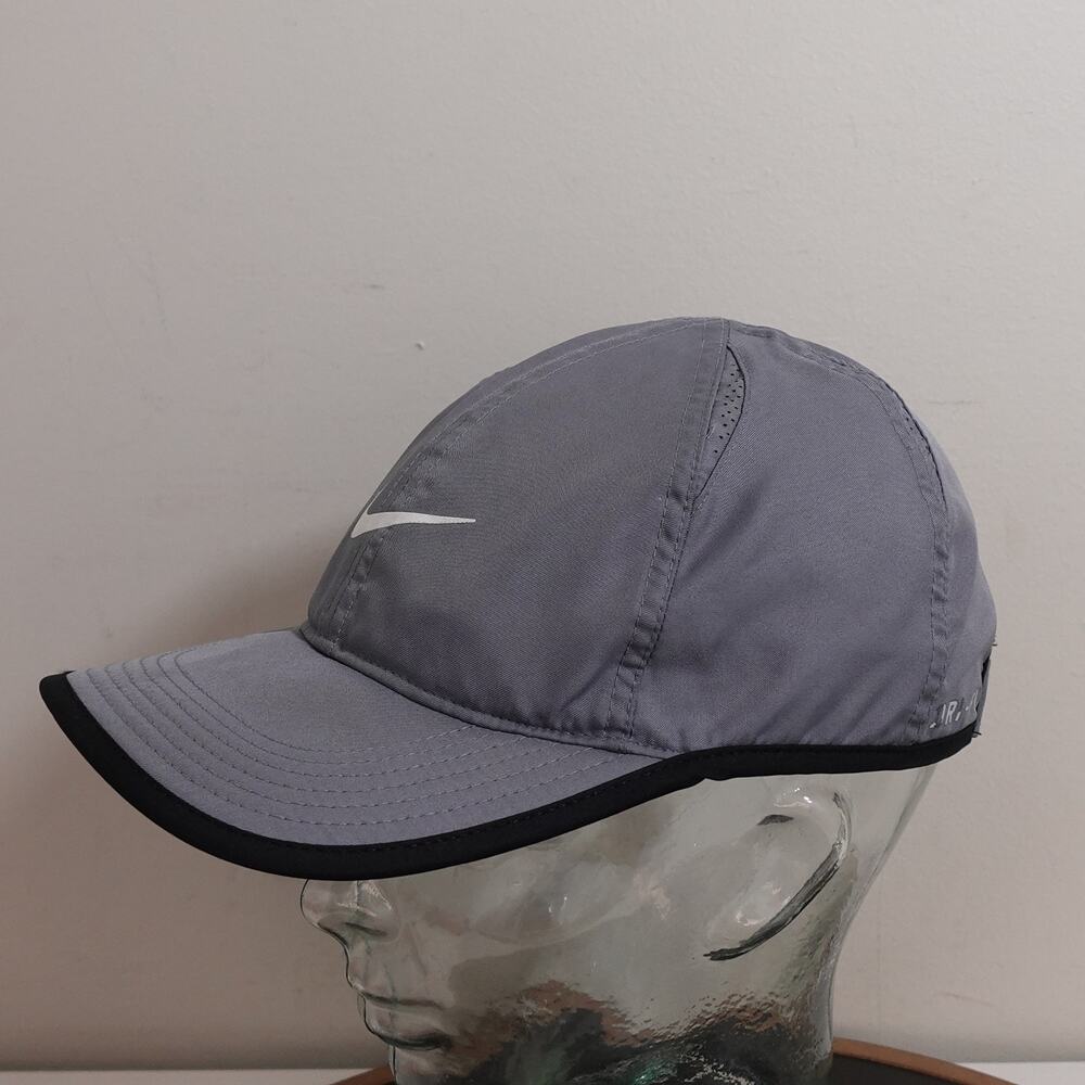 Nike Dri-FIT Running Hat Grey Black Trim Adjustable Performance Cap Swoosh Logo - Picture 8 of 10